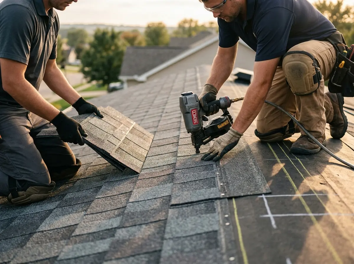 Professional roofer working on a residential roof in Munster